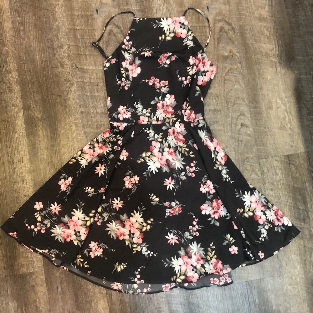 Hollister Black Floral Mini Dress with Pink & White Flowers